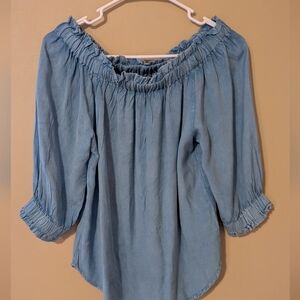 Blue Chambray Ruffle Trim Blouse
